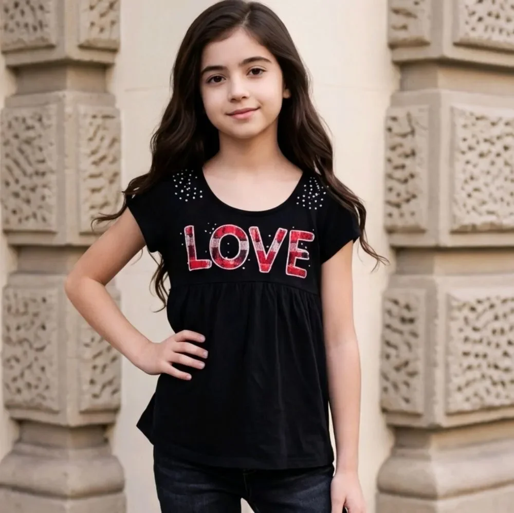 Justice Girls LOVE Plaid Glitter Rhinestone Stud Tunic Tee Black Size 10 Medium